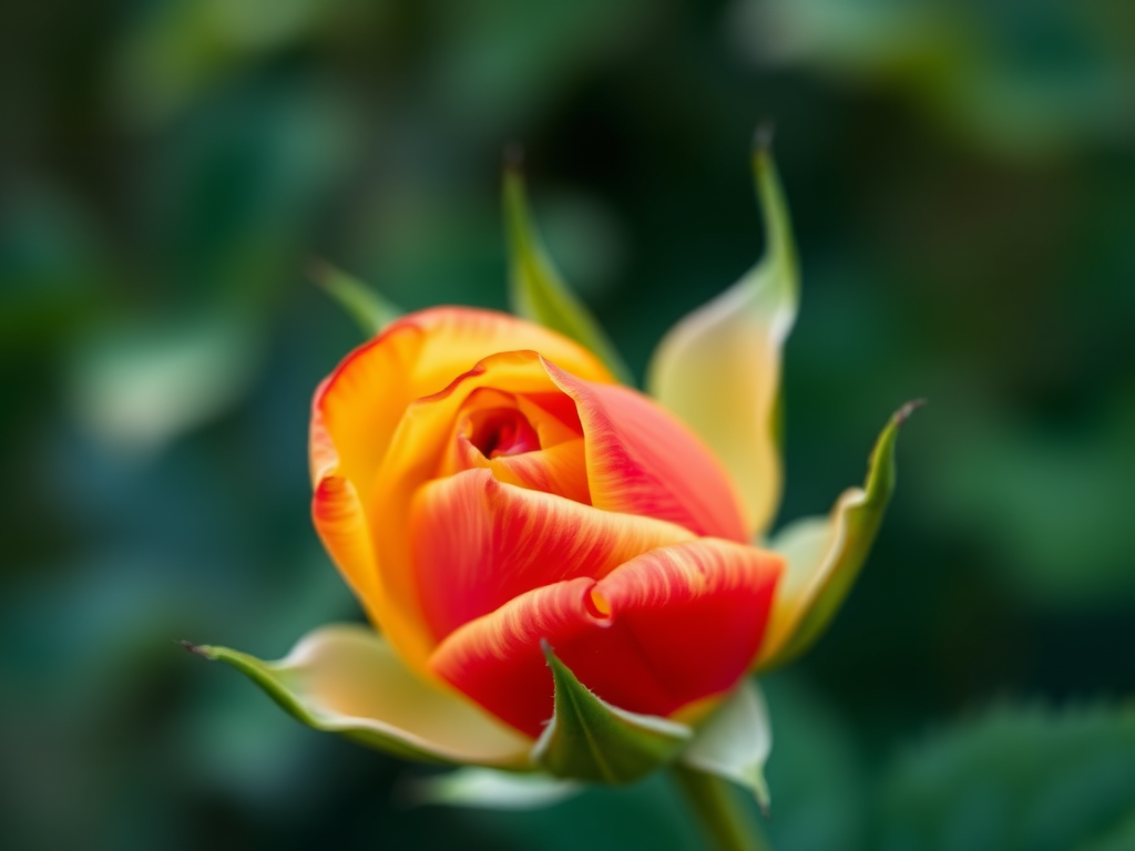 macro shot of a red and yellow rosebud surrounded by green leaves with a blurred background, aperture f/2.8, shutter speed 1/200s, ISO 100, 100mm lens, soft natural lighting, DSLR camera
