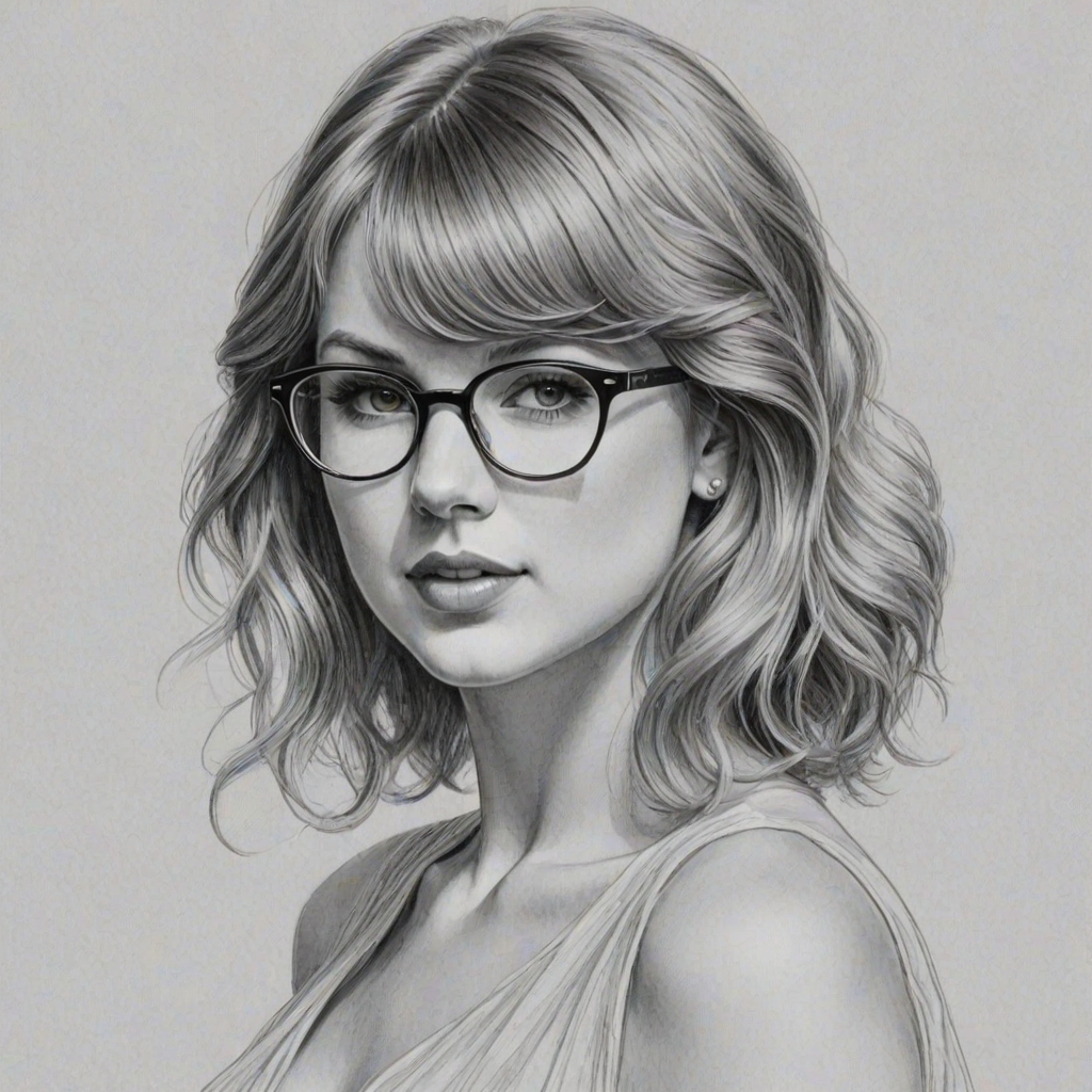 Elegant Taylor Swift, pencil sketch, portrait of Magnificent woman 1921s in glasses, hair style beatnik, outline, clear lines, fine lines, 8k
