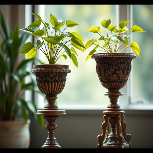 Regenerate a hyper-realistic image of two decorative plant pots with lush green leaves, one on a tall pedestal and the other on an ornate base, captured with a Canon EOS R5, 50mm lens, f/1.8 aperture, ISO 100, natural lighting, and a shallow depth of field for enhanced image quality.
