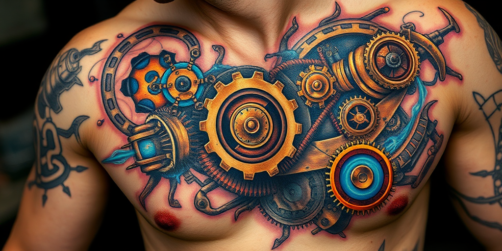 Captivating "Steampunk Biomechanical" tattoo blends organic forms with mechanical elements in a unique and intricate design. Copper and brass tones create a vintage industrial feel, while pops of electric blue represent energy flowing through gears and pistons. Highly detailed shading and highlights bring depth and realism to this fusion of man and machine.
