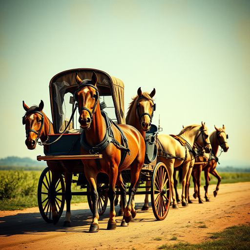 Regenerate a vintage illustration of a horse-drawn carriage with multiple horses, focus on vibrant colors and fine details, using a Canon EOS R5, 50mm lens, f/1.8 aperture, ISO 100, natural lighting, 300 DPI resolution.