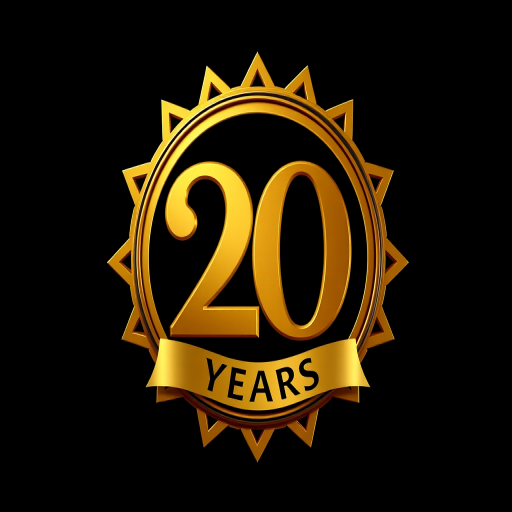 Create a high-resolution image of a golden badge design featuring the number "20" prominently in the center with the word "YEARS" below it, set against a black background, using a Canon EOS R5 camera, with an aperture of f/2.8, ISO 100, and a focal length of 50mm, in a studio lighting setup for enhanced detail and contrast.