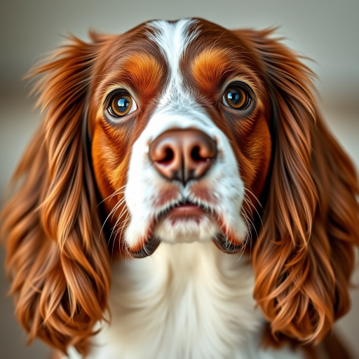 Regenerate a high-resolution image of a close-up portrait of a brown and white springer spaniel with detailed fur texture and expressive eyes, shot with a Canon EOS R5, 85mm f/1.4 lens, aperture set to f/1.4, at ISO 100, in soft natural light with a shallow depth of field.