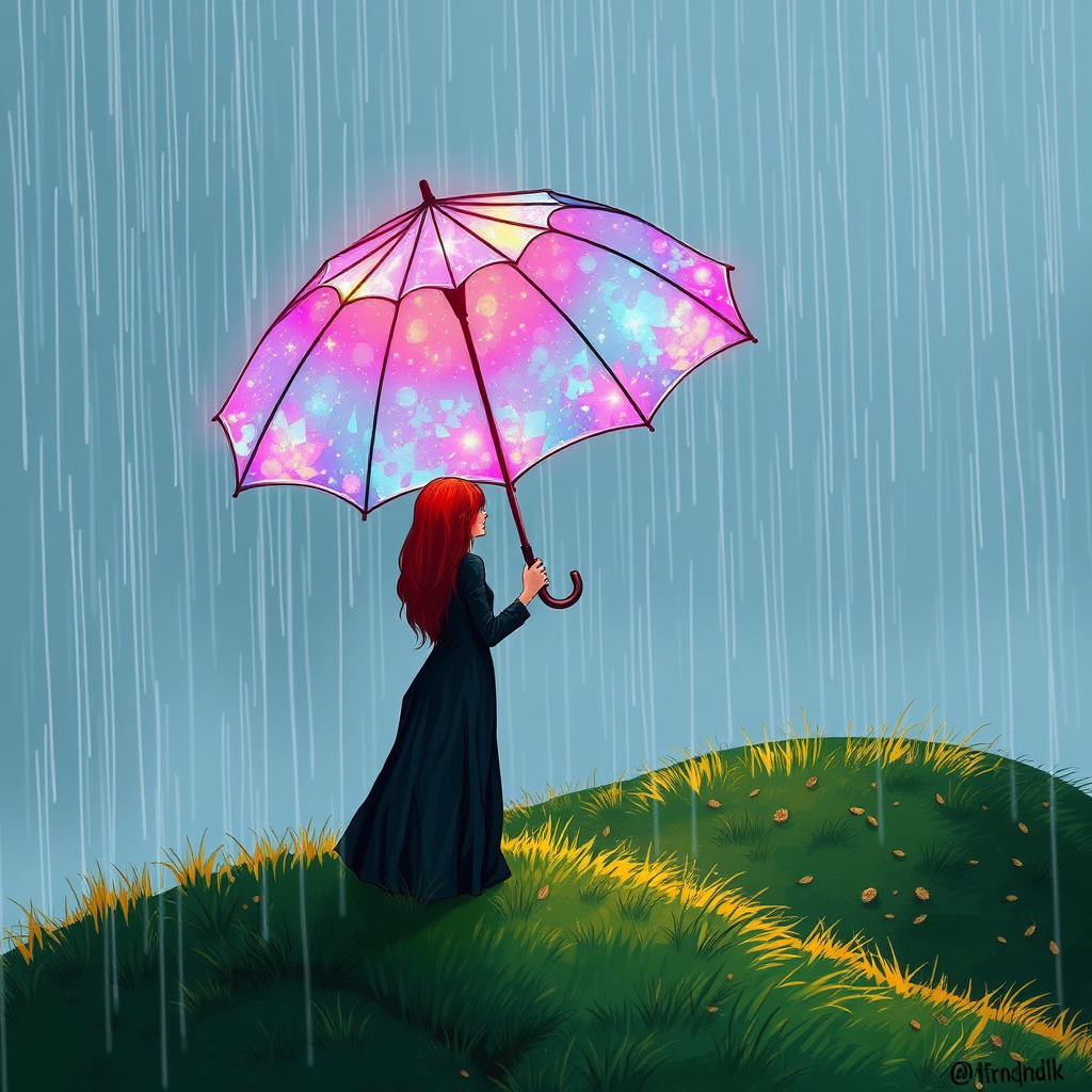 A surreal hand-drawn digital artwork depicting a mysterious red-haired woman standing on a grassy hill under the rain. She holds an umbrella crafted from iridescent zircon, its vibrant sheen contrasting with the soft, rainy atmosphere. The scene feels dreamlike, blending the natural elements of the hill and rain with the otherworldly shimmer of the umbrella.