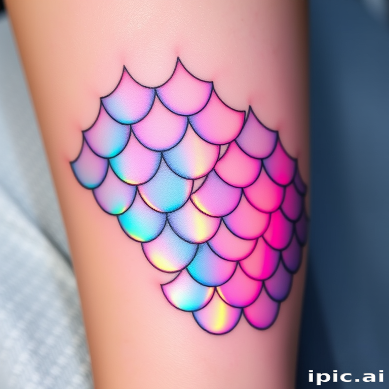 Iridescent holographic tattoo titled "Prismatic Scales" featuring a pattern of overlapping fish scales that appear to shimmer and change color as light hits them from different angles, creating a mesmerizing effect that mimics the natural iridescence found in nature, with subtle gradients and fine linework enhancing the illusion of depth and movement