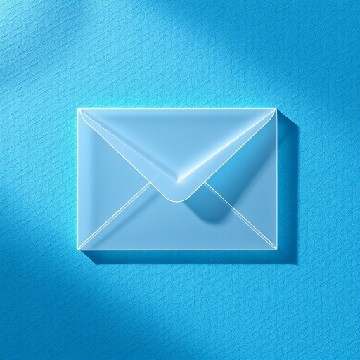 Create a 3D transparent envelope on a blue textured background with soft shadows, using a DSLR camera with a 50mm lens, aperture set to f/2.8, ISO 100, and exposure time of 1/125 seconds, in a studio lighting setup.