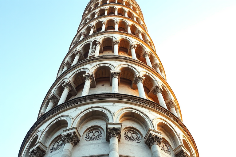 Create an image of a leaning tower with intricate architectural details and a round base, captured with a DSLR camera at f/8 aperture, ISO 100, 50mm focal length, in a wide-angle view, using a low-angle perspective and soft natural lighting to enhance the overall quality.