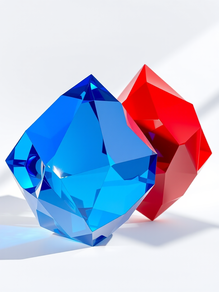 generate a high-resolution image of two abstract geometric sculptures, one blue and one red, with sharp facets and a glossy finish, against a white background, captured with a Canon EOS 5D Mark IV, 50mm lens, f/8 aperture, ISO 100, shot at eye level with natural lighting to enhance shadows and reflections