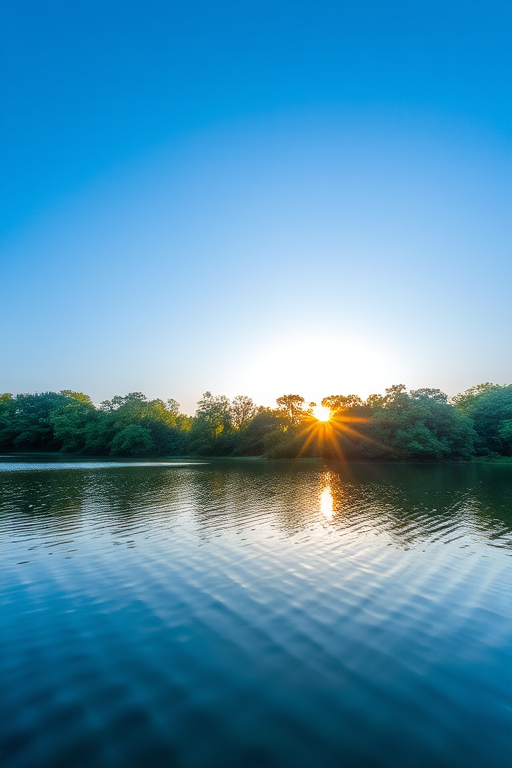 Create an image of a serene landscape featuring a calm lake surrounded by lush green trees under a clear blue sky, with the sun setting in the background, taken with a DSLR camera at 24mm focal length, f/8 aperture, ISO 100, and a low angle view to capture reflections in the water.