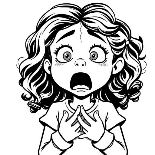 The image is a black and white illustration of a young girl with curly hair. She has a surprised expression on her face with her mouth open and her hands clasped together in front of her chest. Her eyes are wide and her eyebrows are furrowed. Her hair is styled in loose curls that are cascading down her back. The overall mood of the image is one of shock or surprise.