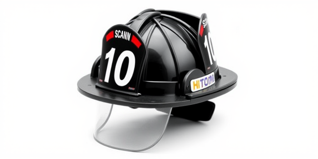 Photograph a black fire helmet with the number 10 and a clear visor, use a DSLR camera with a 50mm lens, aperture f/2.8, shutter speed 1/125 sec, ISO 200, in a well-lit studio setting with a plain white background.