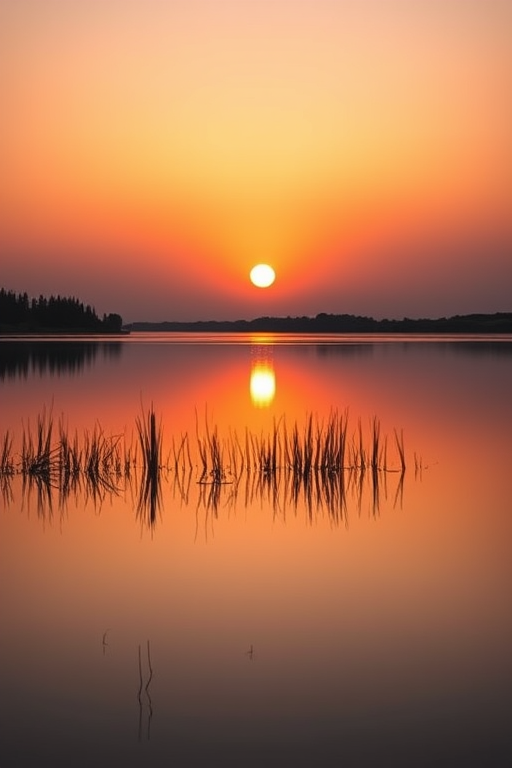 Generate a high-resolution image of a sunset over a serene lake, shot with a Canon EOS R5, using a 24mm lens at f/8, ISO 100, with a long exposure of 2 seconds, in landscape orientation for optimal detail and color vibrancy.