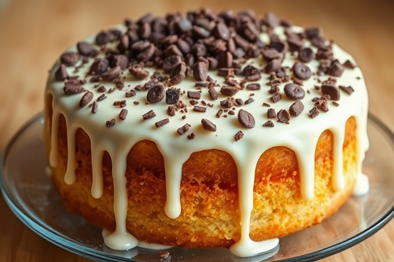 Create an image of a round cake with a golden brown exterior topped with a thick layer of creamy frosting that is dripping down the sides. The frosting is light in color and features a generous sprinkle of crushed chocolate candies on top. The cake is presented on a clear glass plate, showcasing its moist texture and decadent toppings.