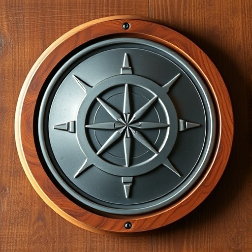 Generate a high-resolution illustration of a circular emblem with a wooden border and a metallic center featuring a crosshair design, using a Canon EOS 5D Mark IV camera with an aperture of f/8, ISO 100, 35mm lens, lighting set to soft diffused, and a top-down view for enhanced details.