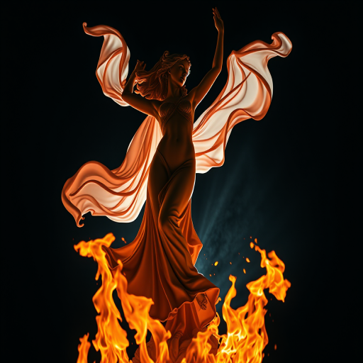 Sculpture of a graceful woman dancing with flowing drapery, surrounded by fiery flames, shot with a Canon EOS R5 at f/1.8, ISO 100, 50mm lens, in dramatic low light from a low angle to enhance details and depth.
