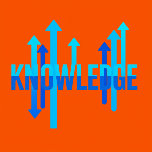 Create an abstract graphic design featuring the word "KNOWLEDGE" in bold, vibrant blue colors with upward-pointing arrows in various shades of blue; use a digital camera with a 50mm lens, f/2.8 aperture, ISO 100, and a focus on enhancing clarity and color contrast while maintaining a clean, professional look.