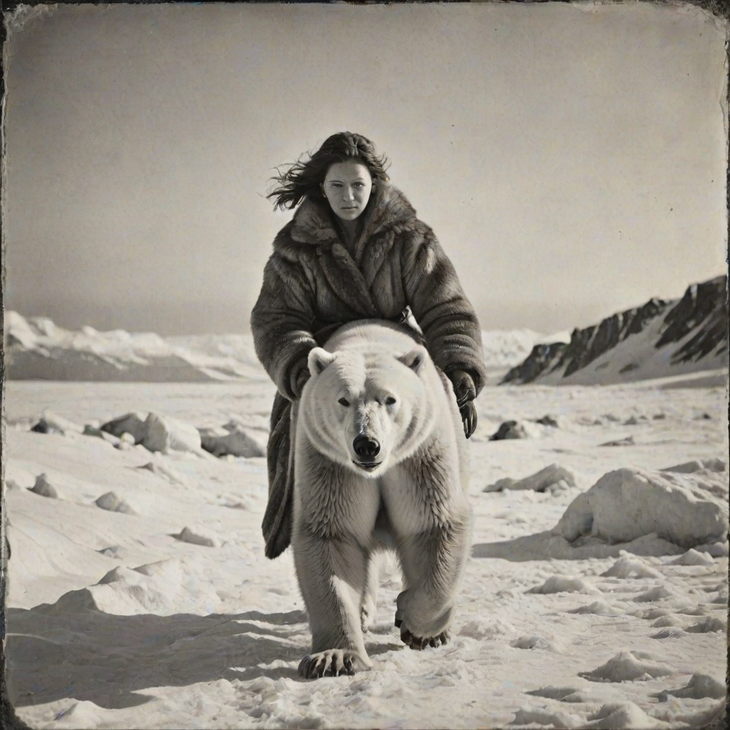 A very old photograph in black and white. The photo is badly damaged, faded, with scratches, tears, smudges and dirt. The photo is ultra-realistic and very detailed. It's a picture of an Arctic warrior. She is walking serenely towards the camera. At her side walks a majestic polar bear. Its fur shines in the sunlight. Snow, ice, sea. wind. snow in the air.