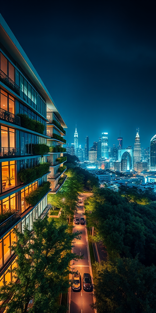 capture a high-resolution nighttime image of modern architecture with greenery alongside a city skyline, using a full-frame DSLR camera, aperture f/8, ISO 200, shutter speed 1/60s, in a panoramic view with enhanced saturation and contrast settings
