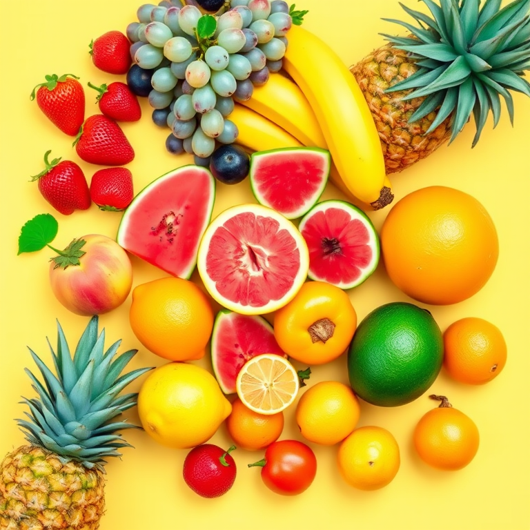 create a vibrant, colorful illustration of assorted fruits including strawberries, grapes, bananas, peaches, lemons, watermelons, pineapples, avocados, oranges, and pears on a soft yellow background, focus on flat design style, high resolution, camera settings 50mm, f/2.8, ISO 100, top-down view, digital art style, created with a graphics tablet