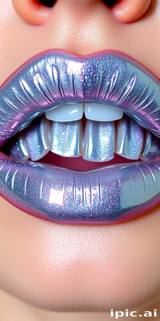 Holographic silver lips with a chrome effect, called "Stardust Shimmer," feature a futuristic, reflective surface and dimensional shine for an eye-catching look