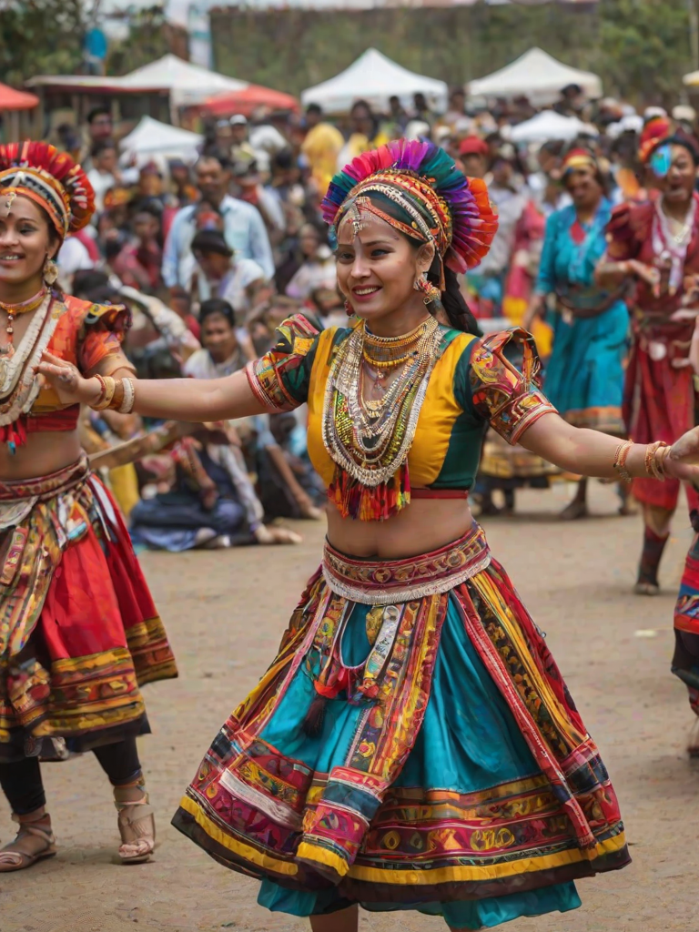 Vibrant cultural festival, with traditional dancers in colorful costumes, musicians playing lively tunes, and people enjoying various cultural activities, creating a sense of community.