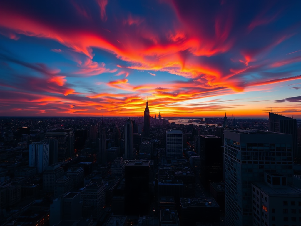 Capture a breathtaking sunset over a city skyline with vivid orange and red hues, using a DSLR camera at f/11, ISO 100, shutter speed 1/125s, with a wide-angle lens, taken from a high vantage point to enhance the depth of the scene.
