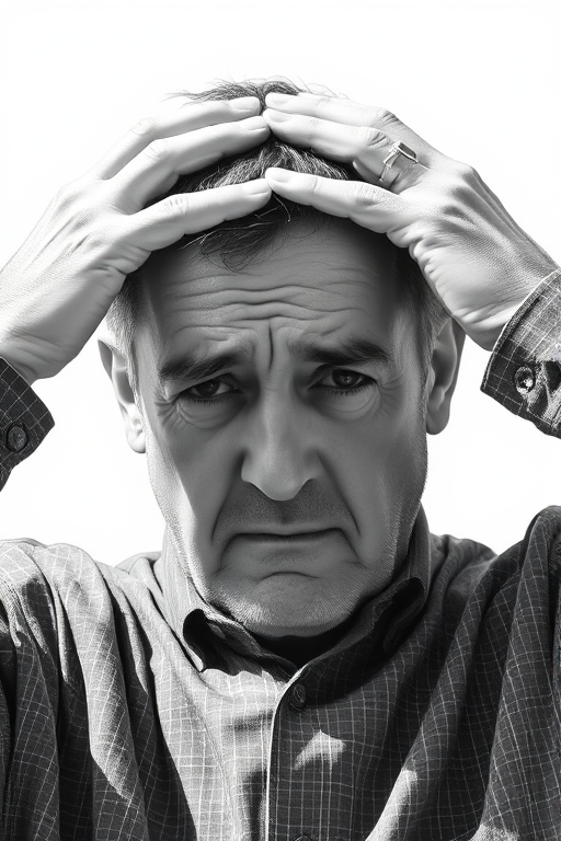 Generate a high-contrast black and white sketch of a middle-aged man with his hands on his forehead expressing distress, using a Canon EOS R5 with 50mm f/1.8 lens, ISO 100, aperture f/4, shutter speed 1/200s, shot from a front-facing view with soft natural lighting for a dramatic effect.