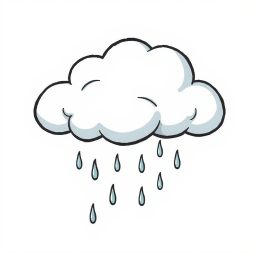 Create a stylized illustration of a cartoon cloud with raindrops falling from it, using a digital drawing style, with a focus on contrast and smooth lines, captured with a high-resolution digital camera at 50mm focal length, f/2.8 aperture, and 1/250s shutter speed for clear details and vibrant colors.
