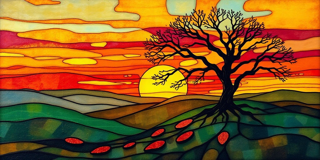 A vibrant abstract painting on Tiffany Glass, blending acrylic and alcohol ink techniques, captures a dramatic sunset over rolling hills. The artwork features a textured, rocky foreground in green and brown, layered abstract hills, and a striking sunset in rich oranges, yellows, and reds. A solitary black tree with intricate branches contrasts against the fiery sky, creating a dynamic and expressive portrayal of a breathtaking natural scene.
