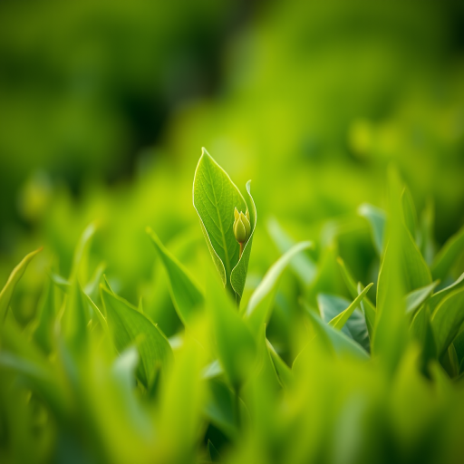 A close-up shot of a single green tea leaf emerging from a lush green tea field, captured with a Canon EOS R5 at f/2.8, ISO 100, 1/200s, using a 50mm lens, with a shallow depth of field and soft bokeh background.