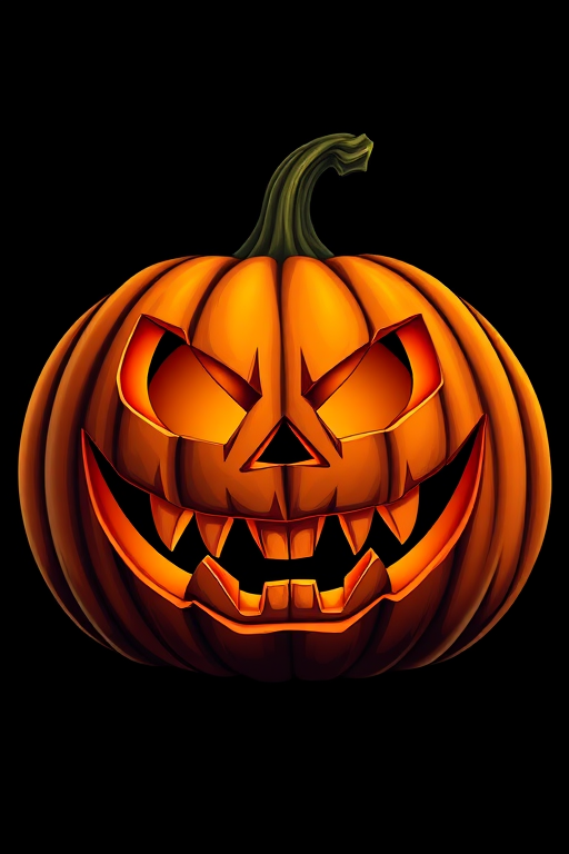 Create a high-resolution illustration of a spooky carved pumpkin with an exaggerated grin and sharp teeth, in vibrant orange colors on a black background, using a DSLR camera with a 50mm lens, aperture set to f/2.8 for a shallow depth of field, captured in a close-up view with soft lighting to enhance texture and details.