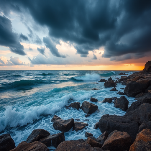 Capture a dramatic seascape with stormy clouds above, waves crashing against rocky shores, use a wide-angle lens at f/8 for depth of field, ISO 200, shutter speed 1/60 sec, shoot in raw format for enhanced post-processing, during golden hour for soft lighting.