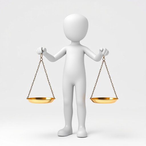 Create a 3D rendering of a humanoid figure holding balanced scales, set against a clean white background, using a Canon EOS 5D Mark IV camera, with a focal length of 50mm, aperture set to f/8, ISO 100, and a soft diffused lighting setup for even illumination.