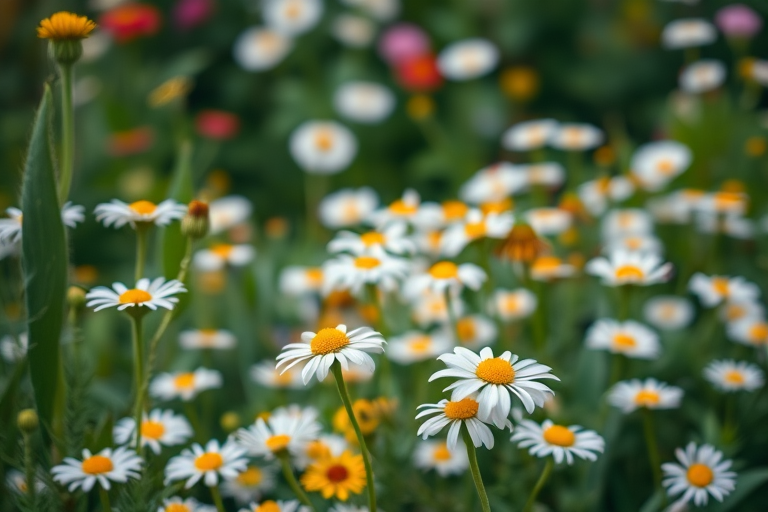 Regenerate a vibrant garden scene filled with assorted daisies and greenery, captured with a Canon EOS R5, 50mm f/1.8 lens, f/2.8 aperture, ISO 100, 1/200 sec shutter speed, with a shallow depth of field and soft bokeh in the background.