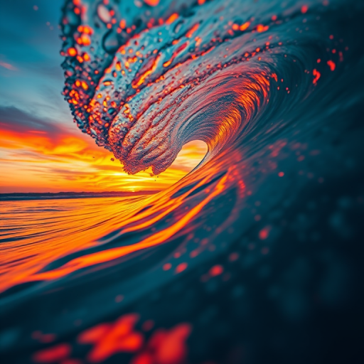 generate a vibrant ocean wave at sunset with dynamic colors and reflections, 50mm lens, f/8 aperture, ISO 200, 1/100 sec shutter speed, captured from a low angle perspective using a DSLR camera, enhance detail and saturation for an artistic effect