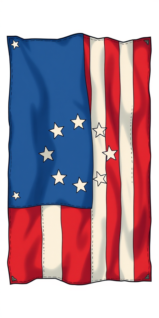 Create a vibrant illustration of a historical American flag featuring a blue canton with stars and alternating red and white stripes, using a DSLR camera with a 50mm lens, f/2.8 aperture, 1/125 sec shutter speed, and natural lighting to enhance colors and details.