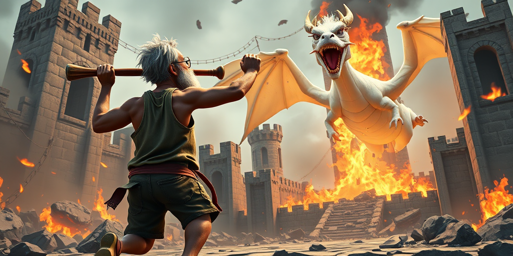 Cartoon 3D High-Resolution,dynamic battle scene using Unreal Engine 5 and Octane Render. The scene features back of an elderly, thai man with a beard,messy hair and round golden-rimmed glasses. He is wearing a tattered tank top with soot marks, shorts, and sandals. sweating. he wields a baseball bat. He jump to fight with a white fire-breathing Europe dragon amidst a partially destroyed stone castle. Include intense flames, smoke, and debris to enhance the dramatic effect.