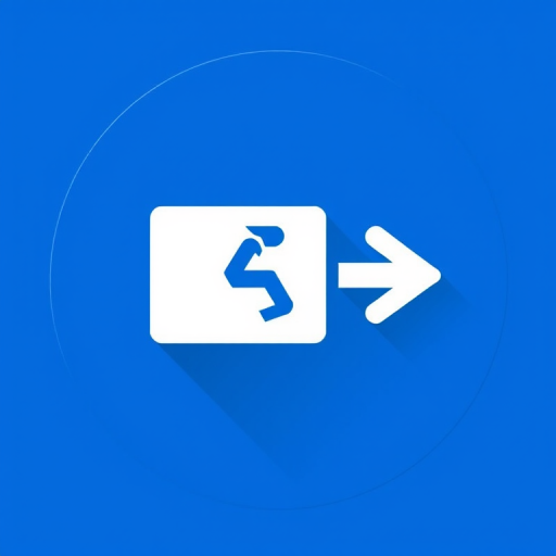 Create a flat design icon of an exit symbol with a right arrow on a blue circular background, ensuring high resolution at 300 DPI, use a 50mm f/1.8 lens for a crisp focus, set the camera view to frontal and employ a digital camera style for vector quality.