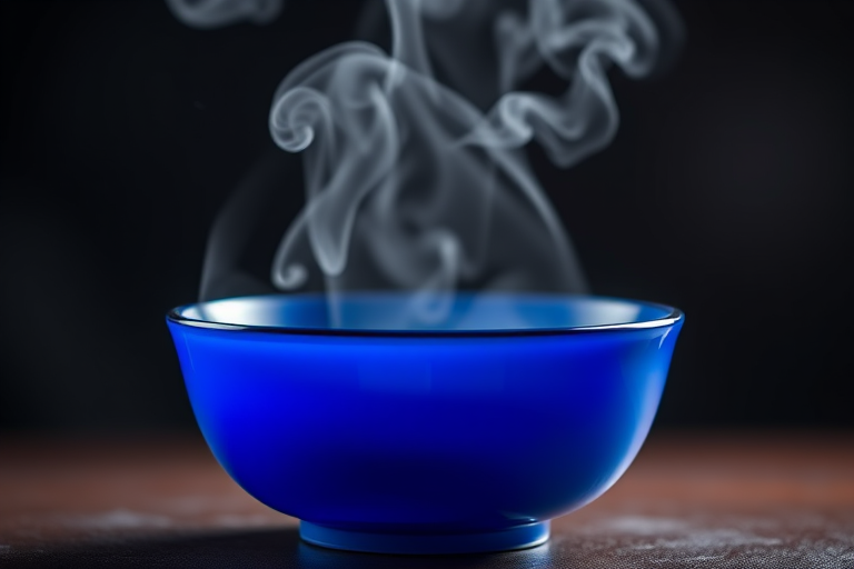 Create an image of a blue bowl with steam rising from it, using a Canon EOS R camera, 50mm lens, aperture f/2.8, ISO 100, and a shallow depth of field for a soft background.