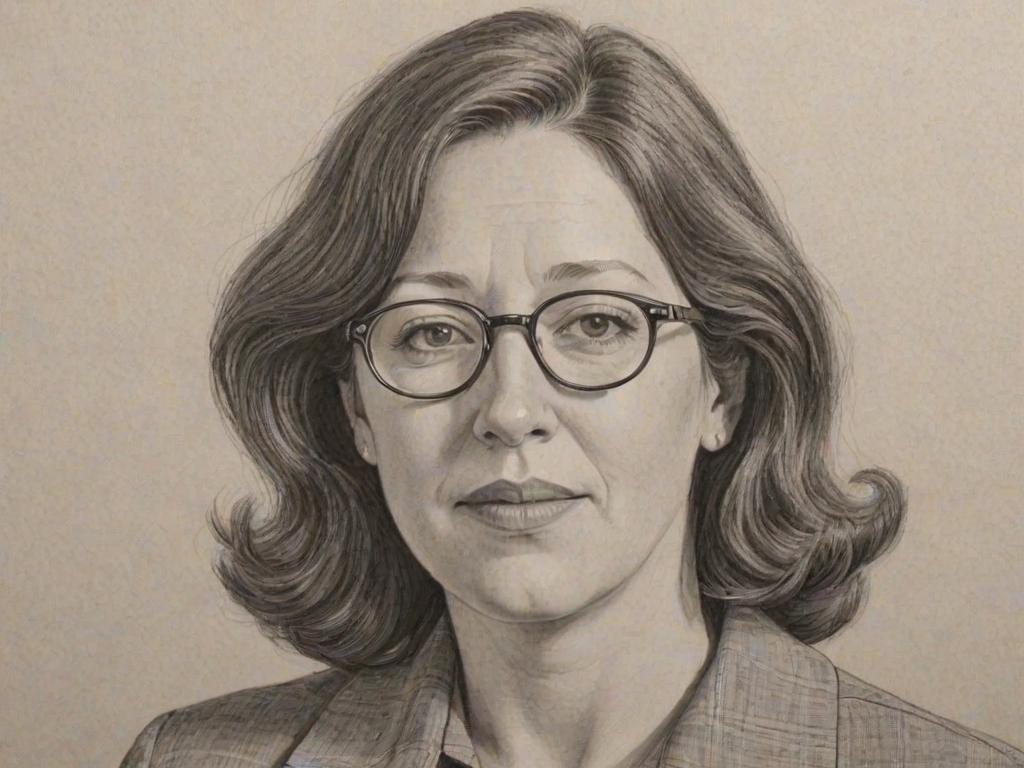 Resplendent Ann Dowd, pencil sketch, portrait of Fascinating woman 1966s in glasses, hair style beatnik, outline, clear lines, fine lines, 8k