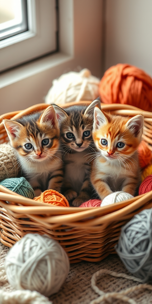 A cozy scene with three adorable kittens in a woven basket surrounded by colorful balls of yarn, soft natural lighting from a nearby window, captured with a DSLR camera at f/2.8 aperture, 50mm lens, ISO 200, shot from a slightly elevated angle to focus on the kittens' faces and textures.