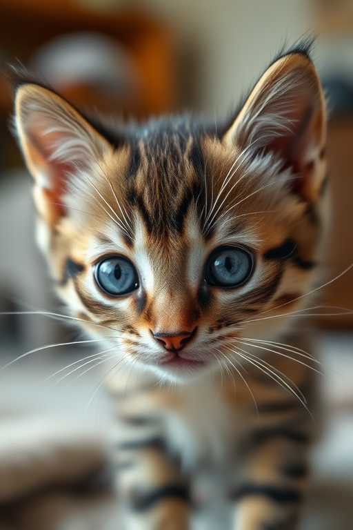 Capture a close-up of a kitten with striking blue eyes, shallow depth of field, soft focus background, natural light, macro lens 50mm f/1.8, ISO 200, shutter speed 1/200, in a cozy indoor setting, emphasizing the kitten's fur texture and expressive gaze.