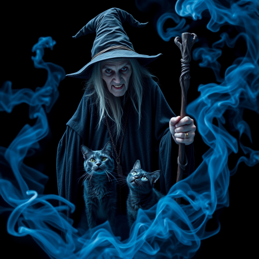Close-up of a mysterious old crone female witch and her cat made of blue smoke are standing in the dark cackling evilly at the viewer. The smoke is a deep blue, and the background is black. The crone is wearing a long, flowing robe and has a pointed hat on her head. She is holding a staff in one hand and has a mischievous look on her face. The cat is sitting at her feet, looking up at her with glowing blue eyes. The smoke around them is swirling and shifting, as if it has a life of its own. The overall effect is eerie and magical.