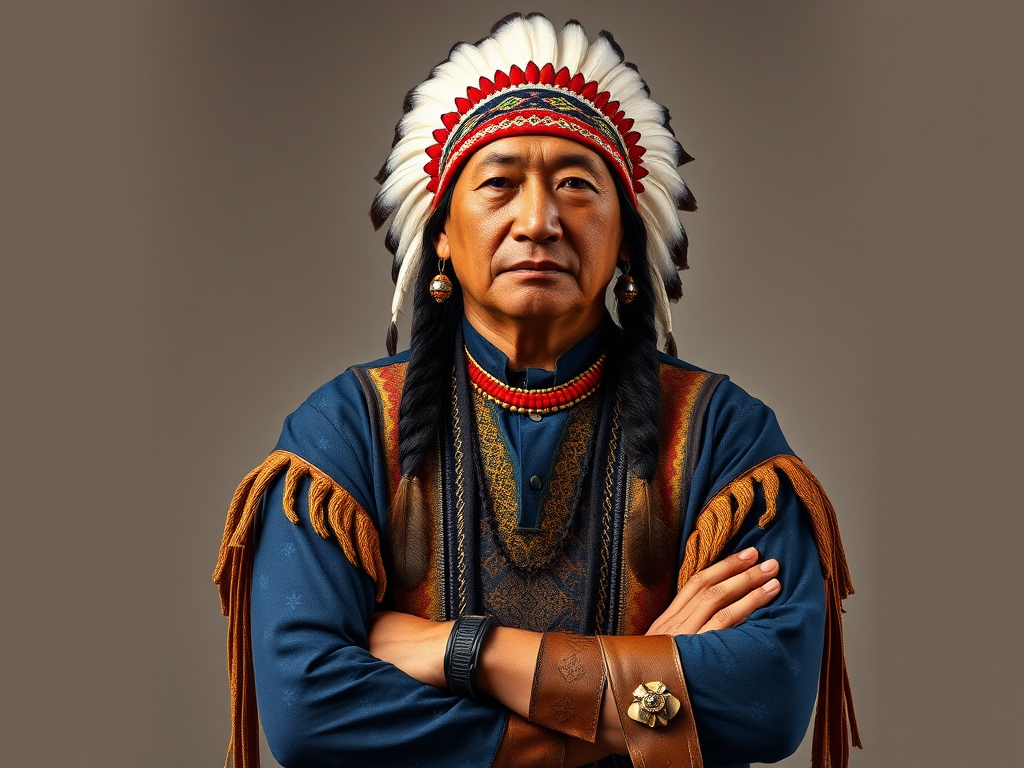 Create a dignified portrait of a Native American man dressed in traditional attire. He wears a beautifully crafted headdress adorned with white feathers and red beads, along with a beaded headband featuring intricate patterns. His clothing includes a deep blue, patterned shirt and a traditional chest piece with detailed beadwork. His arms are crossed, displaying leather armbands decorated with feathers. The background is simple and neutral, emphasizing his proud and stoic expression. The overall image captures the rich cultural heritage and strength of his persona.