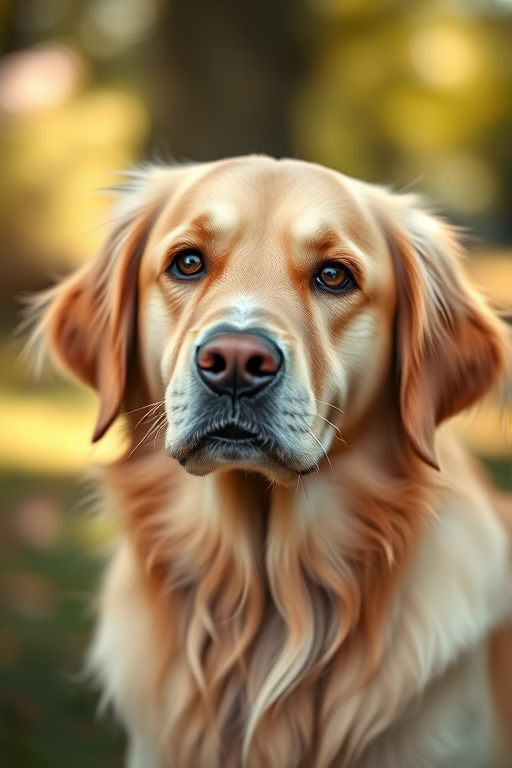 Golden Retriever portrait in soft natural light with a blurred background, ISO 200, f/2.8, 1/100s, 85mm lens, shallow depth of field, DSLR camera.
