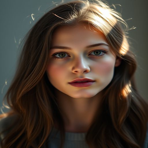 portrait of a young woman with soft lighting and thoughtful expression, natural light, aperture f/1.8, ISO 100, 85mm lens, shallow depth of field, captured with a DSLR camera