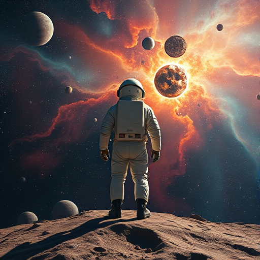 Astronaut standing on a distant planet with a cosmic background featuring colorful nebulae, asteroids, and planets; captured with a Canon EOS R5, 24mm lens, f/2.8, ISO 100, 1/200s, wide-angle view, high dynamic range, cinematic style.