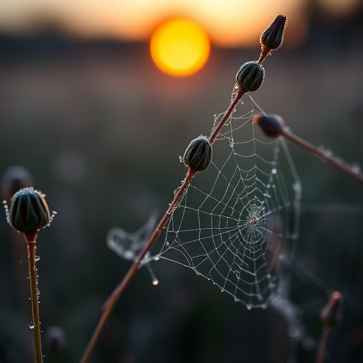 macro shot of dew-covered spiderwebs on plants during sunrise, shallow depth of field, soft bokeh background, ISO 100, f/2.8, 1/200s, taken with a DSLR camera, 50mm lens, natural light