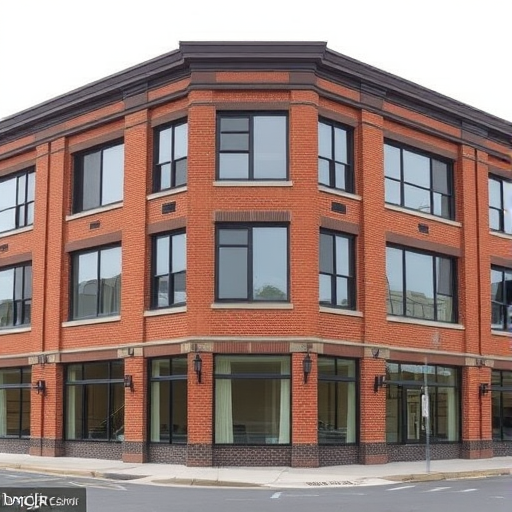 Create a high-resolution image of a modern brick commercial building with multiple large windows, captured from a slightly elevated angle with a 35mm lens, f/8 aperture, ISO 100, using a DSLR camera and a 4K rendering style to enhance the details and textures.