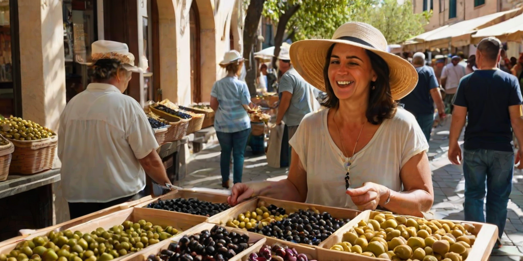 Bustling street market in the heart of a Mediterranean town, a woman carefully selects olives from a stall, her sunhat casting a shadow over her face as she smiles at the vendor.